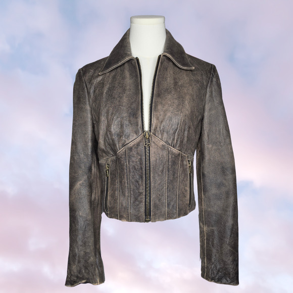 Guess Jackets & Blazers - Vtg Y2k 2000s Guess Brown Distressed Worn Zip Up Emma Chamberlain Moto Jacket M